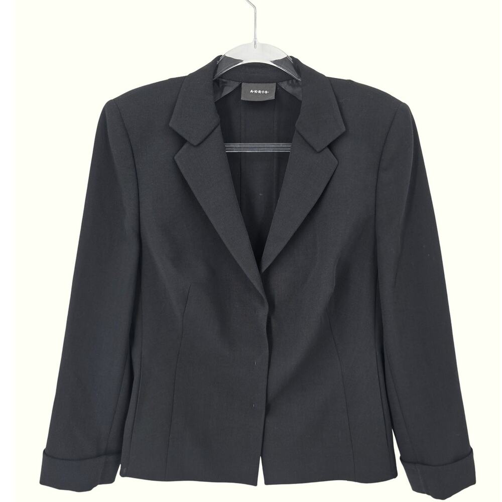 Akris Black Tailored Blazer Carwash Pleated Back Snap Front Modern Size 12